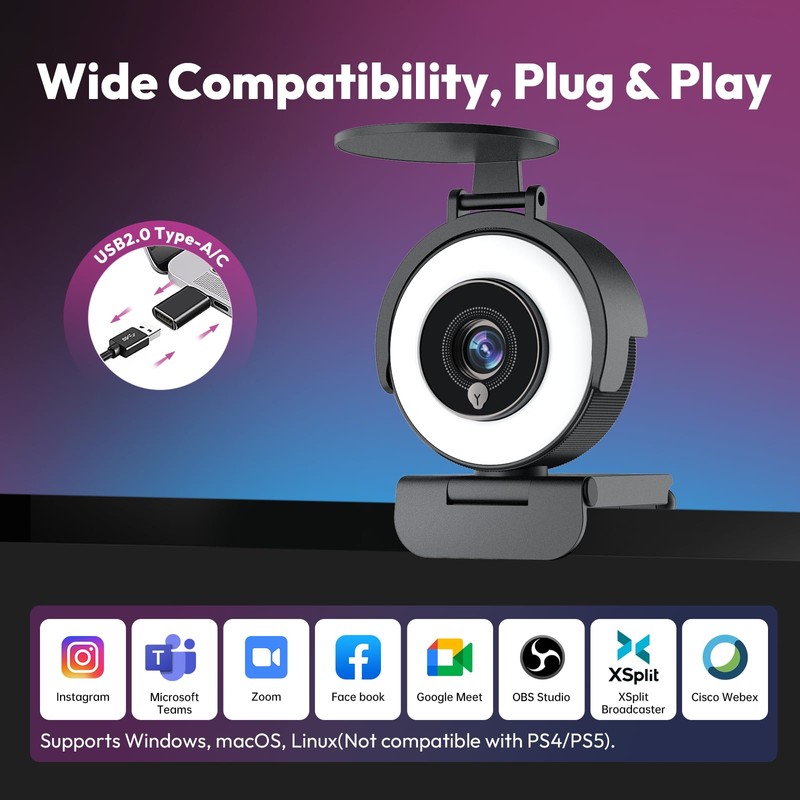 Angetube 4K Webcam with Ring Light, Computer Web Camera for