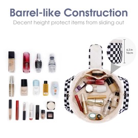 Barrel Drawstring Checkered Makeup Bag Large Cosmetic Bag Make up Bags Toiletry Organizer for Women (Black Checkerboard) (Patent)