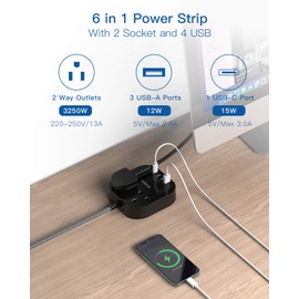 Extension Lead with USB Slots, Power Strips with 2 Way Outlets 4 USB(4.5A, 1 Type C and 3 USB A Ports) Surge Protection Plug Socket with 1.8 Meter Braided cord for Home/Office