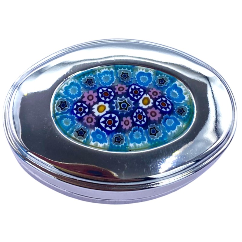 Dekorative Pillendose aus Metall mit Blumenmosaik, Murano-Design, Blau und Rosa,