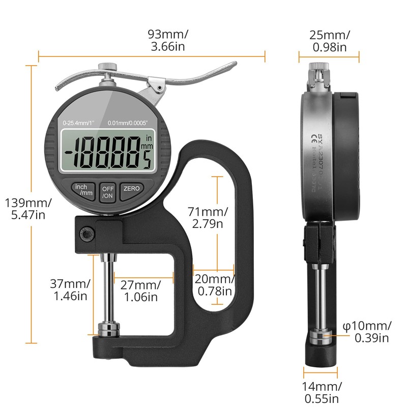 Neoteck Digital Thickness Gauge 1inch/25.4mm,0.0005inch/0.01mm LCD Display with Inch/MM Conversion
