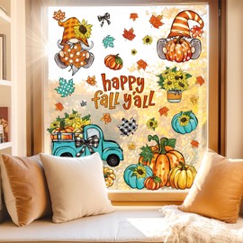 Whaline 6 Sheet Fall Window Clings Blue-Orange Pumpkin Gnome Truck Reusable Window Decals for Autumn Harvest Thanksgiving School Office Supplies Glass Home Decor