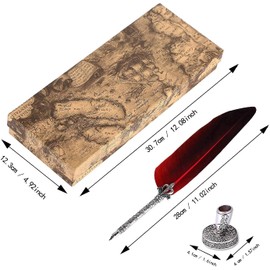 Tyenaza Feather and Ink Set, Sparkling Quill Pen Set, Antique Calligraphy Dip Pen with Ink Bottle, 2 Replacement Nibs, Pen Stand Base, Luxury Vintage Signature Pen (Red)