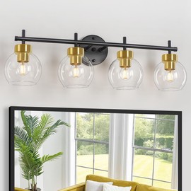 4 Light Bathroom Vanity Light, Black and Gold Bathroom Light Fixtures Over Mirror, Modern Globe Vanity Light Mid Century Bathroom Wall Sconces Indoor Lighting
