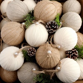 Syhood 12 Pcs Rustic Christmas Ball 3.15 Inch Neutral Farmhouse Christmas Tree Ornaments Shatterproof Hanging Burlap Fabric Textured Ball for Xmas Tree Party Garlands Wreath Home Decor