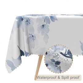 TTQYFNM 60x84inches Watercolor Blue Floral Tablecloth Navy and White Flowers Printed Modern Minimalist Art Rectangle Table Cloth Waterproof Fabric Table Cover for Kitchen Dining Room Party Decors