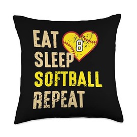 Sports Legendz Eat Sleep Softball Repeat Jersey Number #8 Vintage Throw Pillow, 18x18, Multicolor