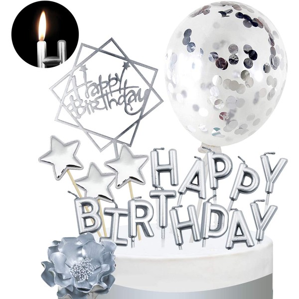 MOVINPE Slivery Cake Topper Decoration with Sliver Happy Birthday Candles Happy Birthday Banner Confetti Balloon Stars For Rose Gold Theme Party Decor Boy Girl Kid Men Women Birthday Party Baby Shower