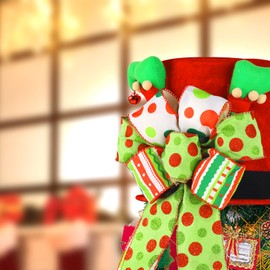 Christmas Tree Topper Large Green and Red Velvet Tree Hat with Elf Legs Lengthened Bowknot Polka Dot for Funny Holiday Party Home Indoor Xmas Tree Decorations