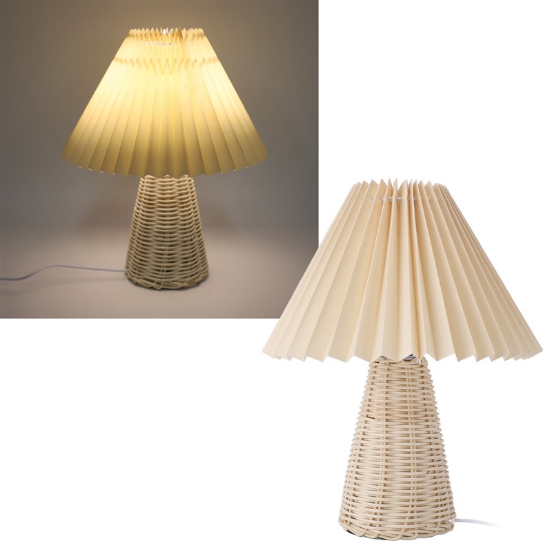 Pleated Table Lamp with Remote Control Modern Beige Fabric Shade