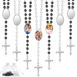 Taiyin Sublimation Blanks Rosary Beads Necklace Set Catholic Rosaries Printable Insert Necklace Prayer Beads with Sheer Organza Bags for Baptism Easter Mother's Day Gifts DIY Making(12 Set)