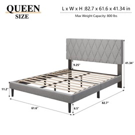 CXVX Queen Size Bed Frame with Diamond Tufted Headboard, Linen Upholstered Platform Bed and Wooden Slat Support, Noise-Free, No Box Spring Needed, Easy Assembly, Light Grey