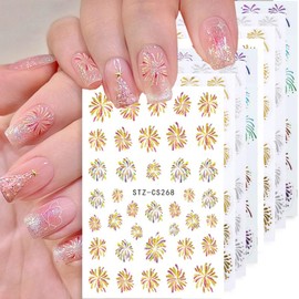 8Sheets Fireworks Nail Art Stickers for Nail Art, Gold Silver Fireworks Nail Decals 3D Self-Adhesive Christmas Nail Art Stickers Xmas Stickers Nail Charms for Women Girls New Year Holiday Nails DIY