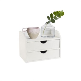 ROSE BLOOM White Wood Desk Organizer with 2 Drawer, Mini Cute Cabinet with Storage Shelf for Tabletop, Small Desktop Box Organizer for Vanity Office Supplies