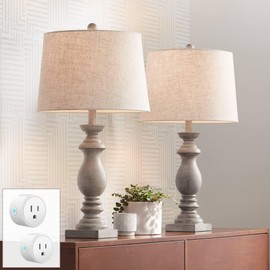 Regency Hill Patsy 26 1/2" Tall Candlestick Traditional Table Lamps Set of 2 WiFi Smart Socket White-Washed Wood Finish Living Room Bedroom Bedside Nightstand House Office Home Fabric Shade