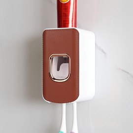 Zahnbürstenhalter mit 2 Schlitzen und Zahnpastaspender zur Wandmontage, automatische Zahnpasta-Presse, 2-in-1-Zahnbürsten-Zahnpasta-Organizer für Dusche (braun)