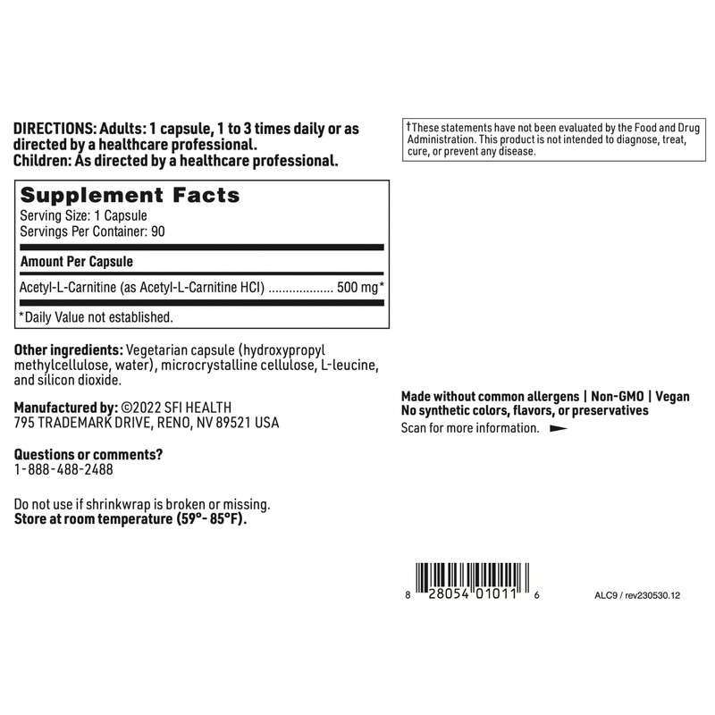 Klaire Labs SFI Health Acetyl-L-Carnitine 500 mg - Hypoallergenic Acetyl