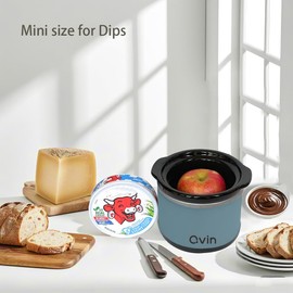 0.65-qt mini Round Slow Cooker, Fondue Melting Pot Warmer with Diswasher-safe Stoneware Crock, Glass Lid, Stainless Steel, Surf Blue