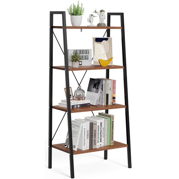 FURNINXS Ladder Shelf Bookcase, Bookshelf 4 Tier, Industrial Standing Shelf Storage Rack Storage Organizer Plant Stand, Steel Frame Book Shelf for Living Room/Bedroom/Kitchen/Bathroom - Red Brown