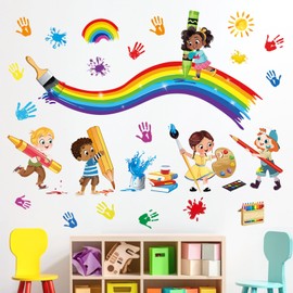 decalmile Reading Corner Rainbow Wall Decals Colorful Handprint Splatter Educational Wall Stickers Kids Room Classroom School Library Wall Decor