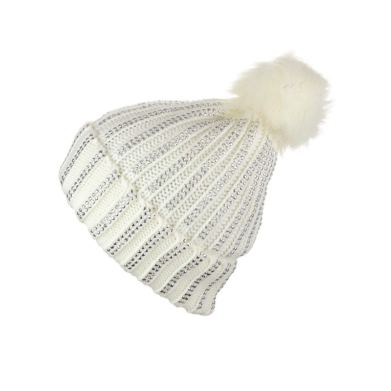 D&Y Warm Knit Cuffed Beanie with Studs and Faux Fur