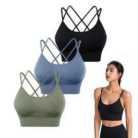 Qivolt 3 PCS Sports Bra Set with Cross Straps,Sports Bras for Women,Cut-Out Tank Top,Removable Padded Cups for Pilates,Fitness (CA/US, Alpha, XX-Large, Regular, Regular, Black Blue Green)