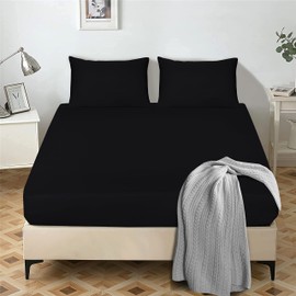 My home store Black Fitted Sheet Double Bed- 25 cm Deep Brushed Microfiber Ultra Soft No-Iron Wrinkle-Resistant Plain Dyed Fitted Bed Sheets - Hypoallergenic Breathable Sheets