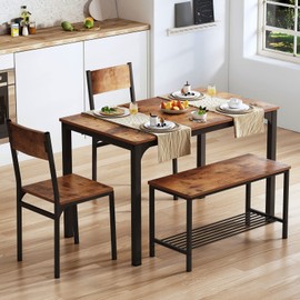 soges 4 Pieces Dining Table Set, 43.3 inch Kitchen Table Set for 4, Dining Set with 2 Chairs and Bench with Storage Rack, Nesting Furniture Set for Dining Room, Kitchen, Restaurant, Rustic Brown