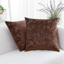HWY 50 Coffee Velvet Throw Pillow Covers 18x18 Inch with Silver Foil Print, Pack of 2 Soft Cozy Solid Decorative Luxury Cushion Cases for Couch Sofa Bed Living Room Bedroom