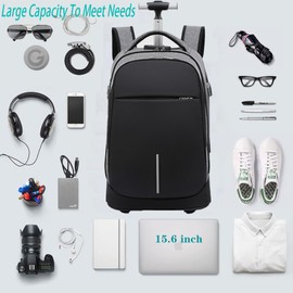 PISKGODSF Rolling Backpack for Adults with Wheels, 20 Inch Travel Backpack with Wheels, Wheeled Backpack with 15.6 Inch Laptop Waterproof Compartment, Roller Backpack with Password Lock (Grey)