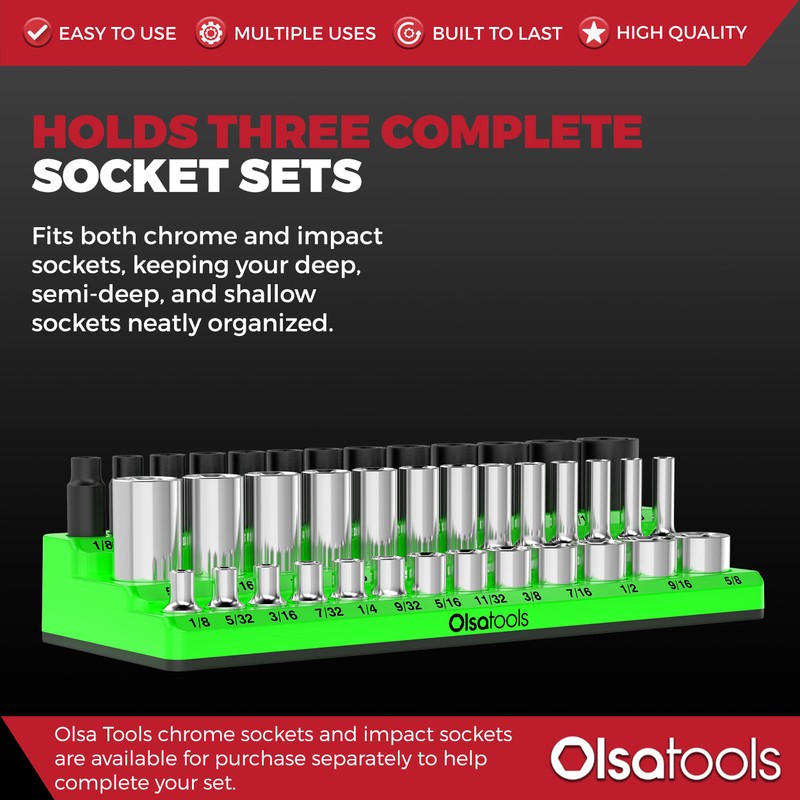 Olsa Tools Magnetic Socket Organizer - 1/4-Inch Drive, 3 Row