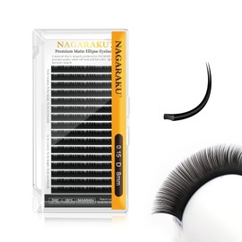 NAGARAKU Ellipse Flat Eyelash Extension Professional Double Split Tip Single False Eyelashes Accessories Matte Black U-Shaped Design Eyelash Extension 16 Rows (0.15 mm D Curl 8 mm)