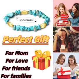 MetJakt Natural Stone Beads Bracelet - Handmade Stretch Bangle with Mixed Crystal Gravel and Elegant Metal Accents for Women and Men (turquoise with gold)