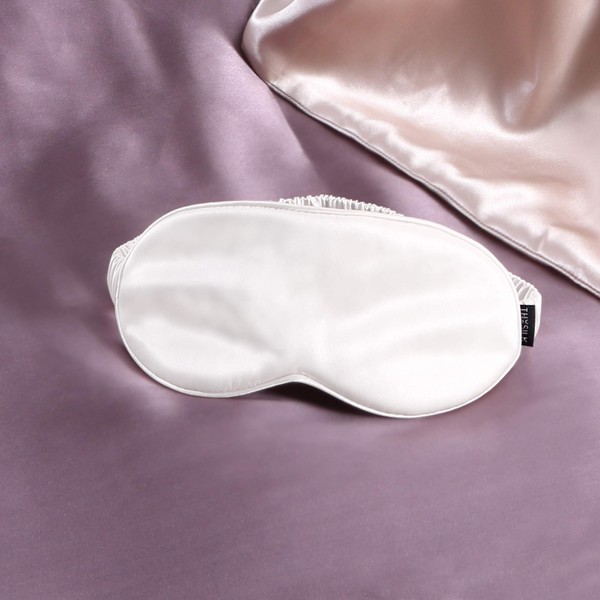 THXSILK Silk Sleep Eye Mask with Elastic Strap 25 Momme, Extremely Soft & Smooth, Blindfold for Full Night Sleep, Travel, Nap (White)