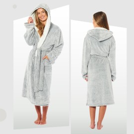 Daisy Dreamer Womens Robe Plush Shimmer Fleece Grey Hooded Dressing Gown Soft Long Bathrobe with Pockets Warm Fluffy Loungewear Robes for Ladies, X Large 20-22