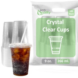 EcoQuality Clear Plastic Disposable Cups with Lids and Straws 100 count - 9 oz (ounces) Clear PET Cup for Smoothies, Protein Shakes, Bubble Tea, Iced Coffee, Boba, Fresh Juice, Meal Prep, Party Cup