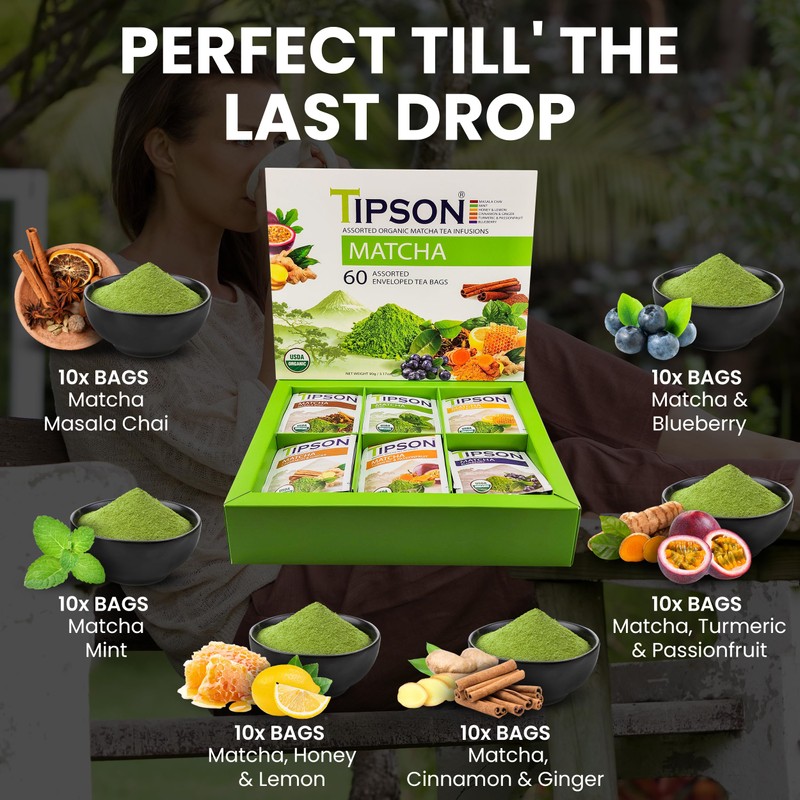 Tipson Organic Matcha Variety Sampler - 6 Flavors (60 Tea