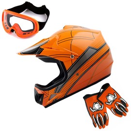 WOW Youth Kids Motocross Helmet BMX MX ATV Dirt Bike Helmet Spider Orange + Goggles + MG Youth Orange Glove Bundle