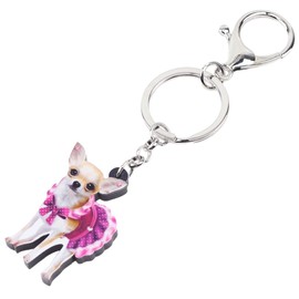 WEVENI Acrylic Dress Chihuahua Dog Keychain Accessories Fashion Jewelry For Women Girl Bag Purse Charms (Red)