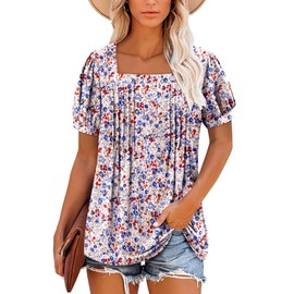 ONLYSHE Womens Tops Dressy Casual Summer Tops Floral Tunic Puff Short Sleeve Square Neck Blouse Shirts Blue Pink XL