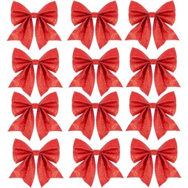 DERAYEE Pack of 12 Christmas Arch Decorations, Christmas Tree Bow, Christmas Arches Decoration Sequins Arches Xmas Decorative Arches Ornaments Christmas Wreaths (Red)