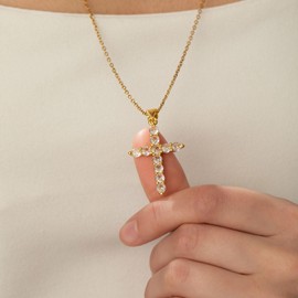 IHOKIT Cross Necklace For Women Yellow Gold Plated Cubic Zirconia Simulated Diamond Cross Pendant Jewelry Gift for Women, 24" Silver Chain Nice Gifts Jewelry Box