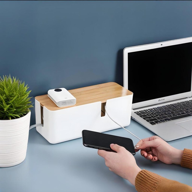 JJQHYC Cable Tidy Box White Cable Box with Bamboo Lid
