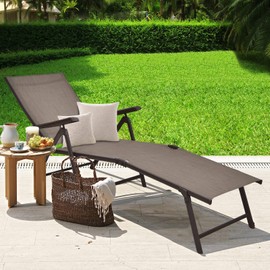 Tangkula Folding Lounge Chair Outdoor, Recliner Chaise Lounge with 5-Position Adjustable Backrest & 2-Position Footrest, No Assembly Required, Suitable for Patio Poolside Beach Yard (1, Brown)