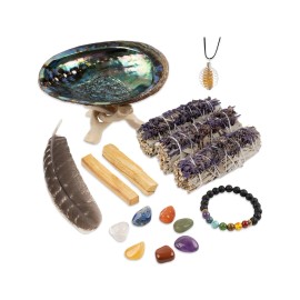 Lavender Sage Smudge Kit with Shell, Palo Santos, Stones, Bracelet, Feather