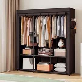 SORCEDAS Portable Closet Wardrobe Storage Organizer Metal Hanging Rack Non-Woven Fabric 50 Inch (Coffee)