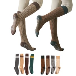 FOX-TECH 2 Pair Yoga Socks, Non Slip Socks Women's, Pilates Socks, Barre Socks, Hospital Socks, Yoga Socks with Grips 2 Pair (Vertical Stripes (Green/Brown))