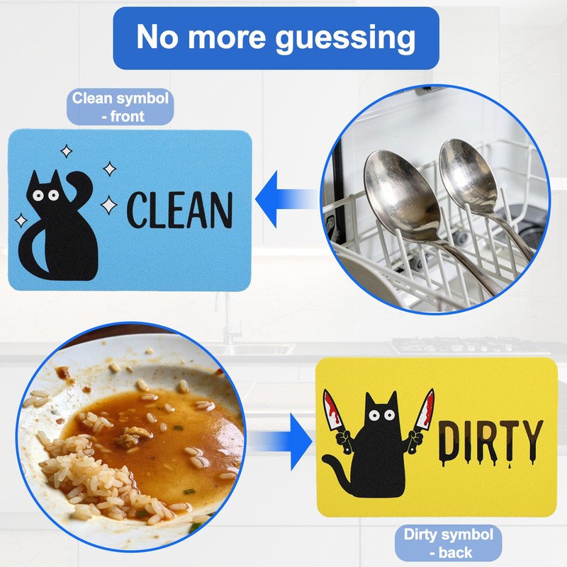2pcs Double-Sided Black Cat Clean Dirty Dishwasher Magnet