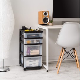 IRIS USA Craft Organizers and Storage, Rolling Storage Cart for Classroom Supplies, Storage Organizer for Art Supplies, Drawer Top Organizer for Small Parts, 4 Drawers, Black