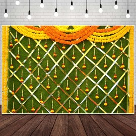 India Diwali Backdrop Puja Hindu Mehndi Festival Background Ganpati Pooja Backdrop India for Bridal Shower Wedding Party Marigold Garlands Photo Props 7X5FT